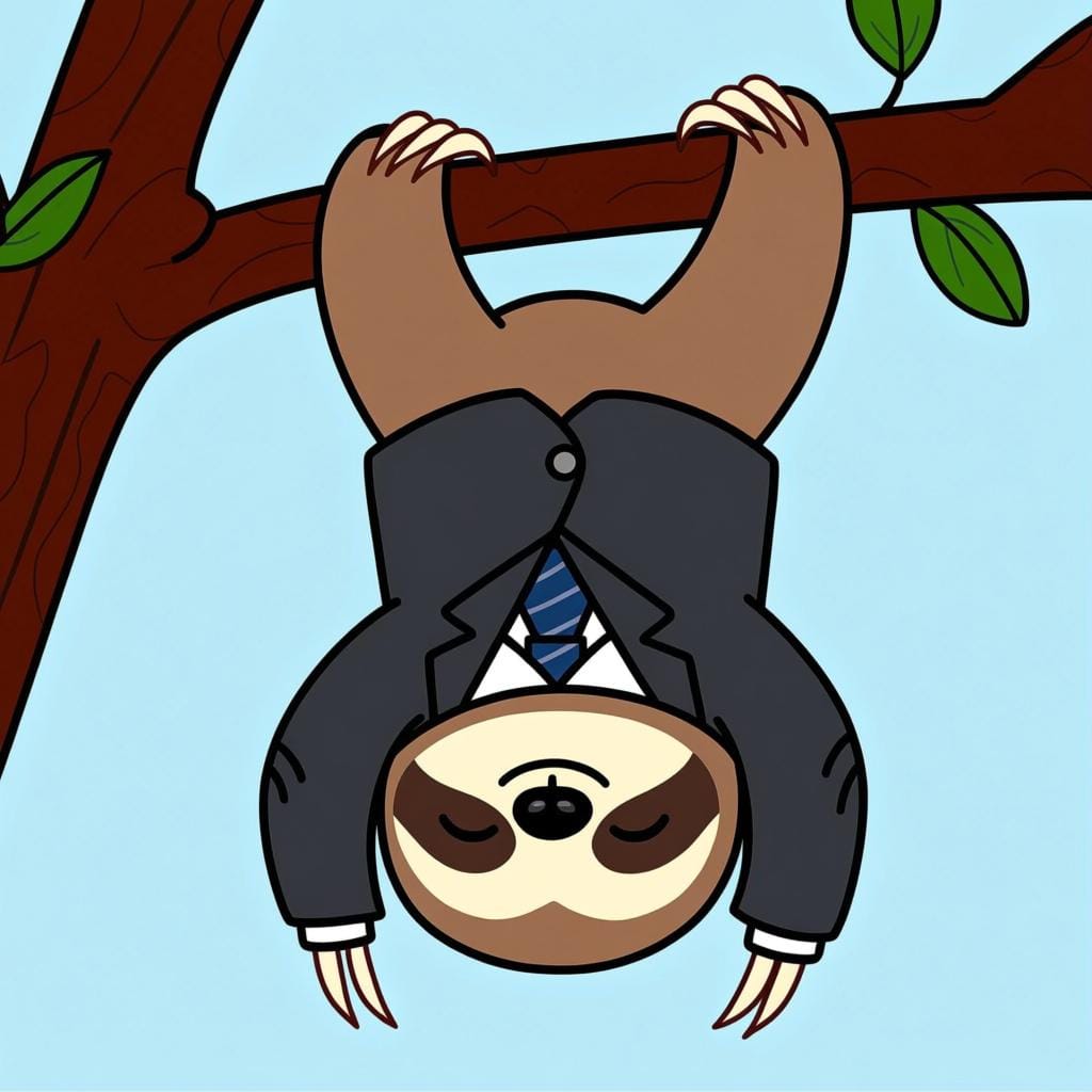 Un paresseux de dessin animé paisible, vêtu formellement d'une veste de costume soignée, suspendu calmement et tranquillement à une branche d'arbre.