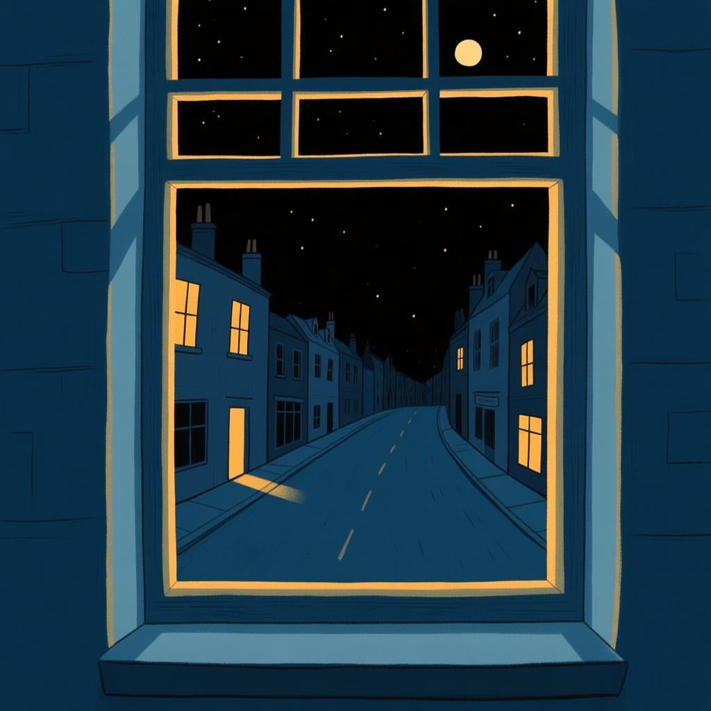 A completely empty, dark town street at night, viewed from the interior of a warmly lit window, symbolizing a curfew.