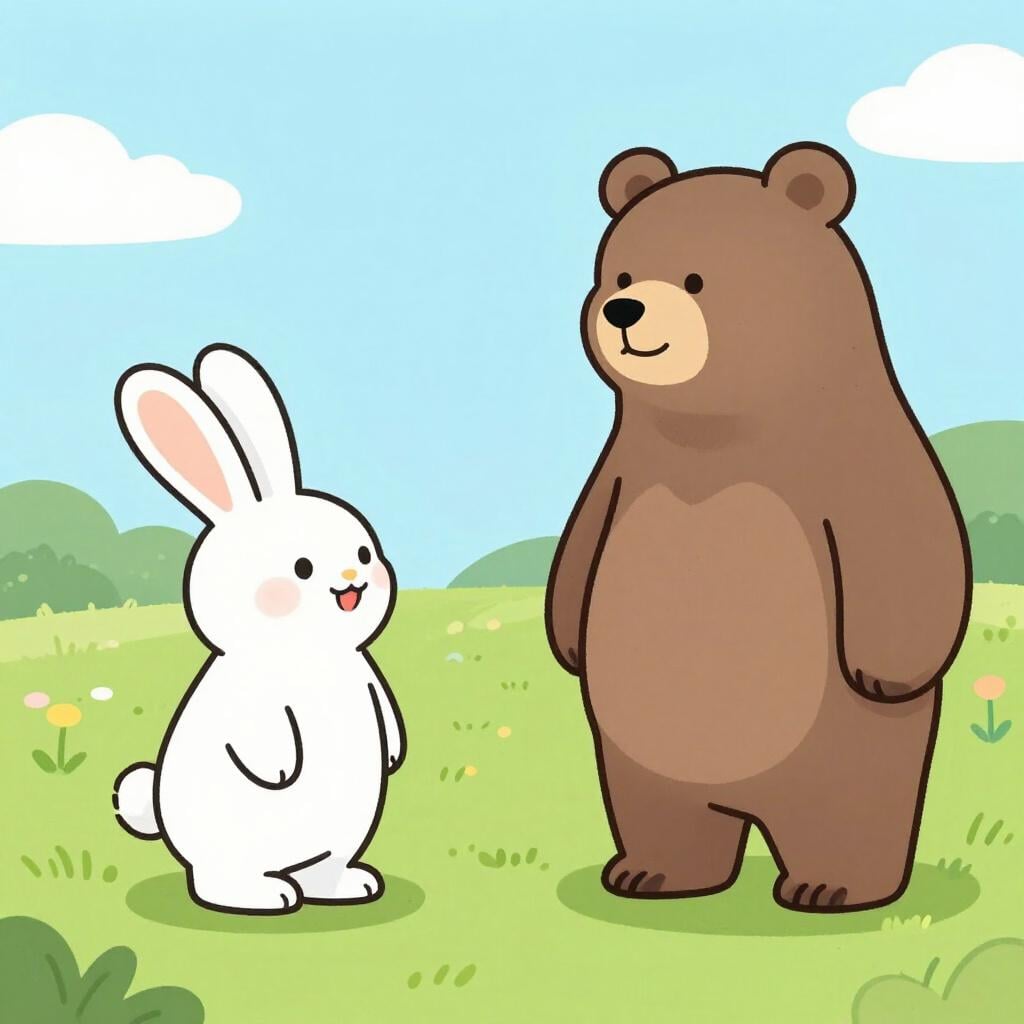 A friendly, smiling rabbit and a smiling bear standing facing each other in a bright, colorful meadow, ready to begin a conversation.