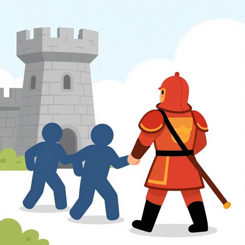 Ein Wächter legt einer Person in einer einfachen Tunika sanft eine Hand auf die Schulter und führt sie zu einem steinernen Torbogen.