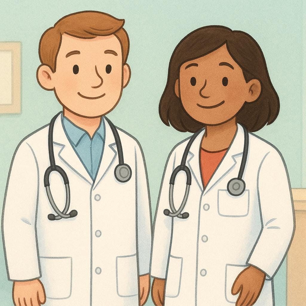 Two friendly doctors wearing white coats and stethoscopes around their necks, standing in a medical setting.