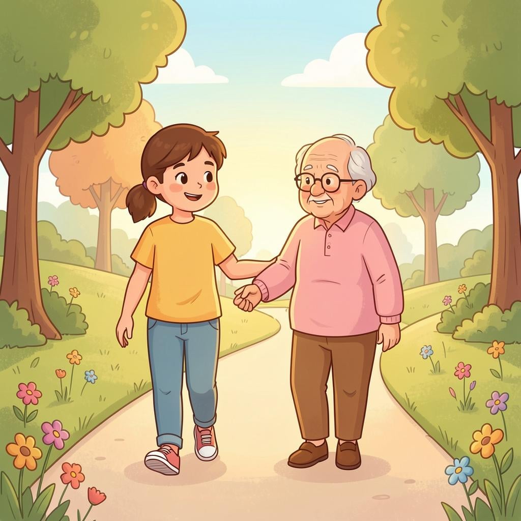 A person helping an elderly person cross a street in a friendly neighborhood.