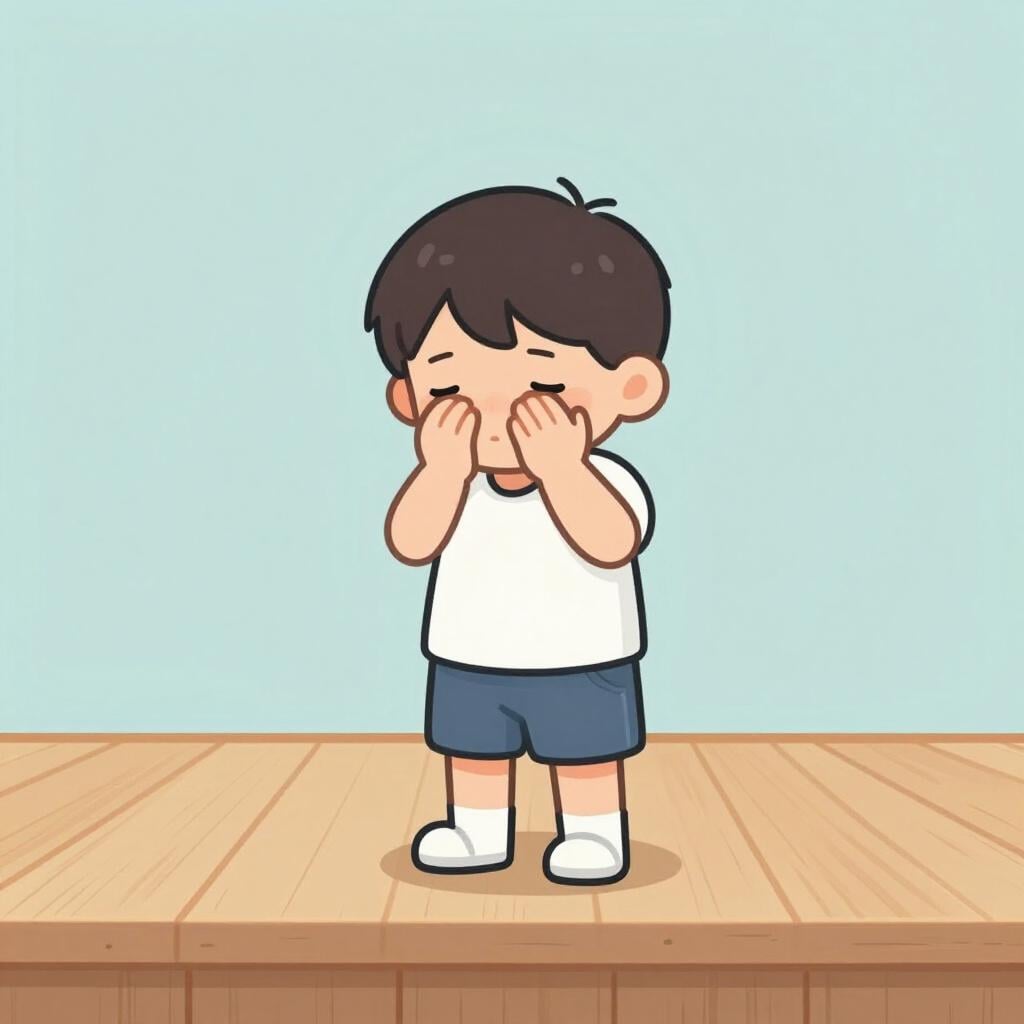 A small child standing on a stage looking shy and hiding behind their hands.