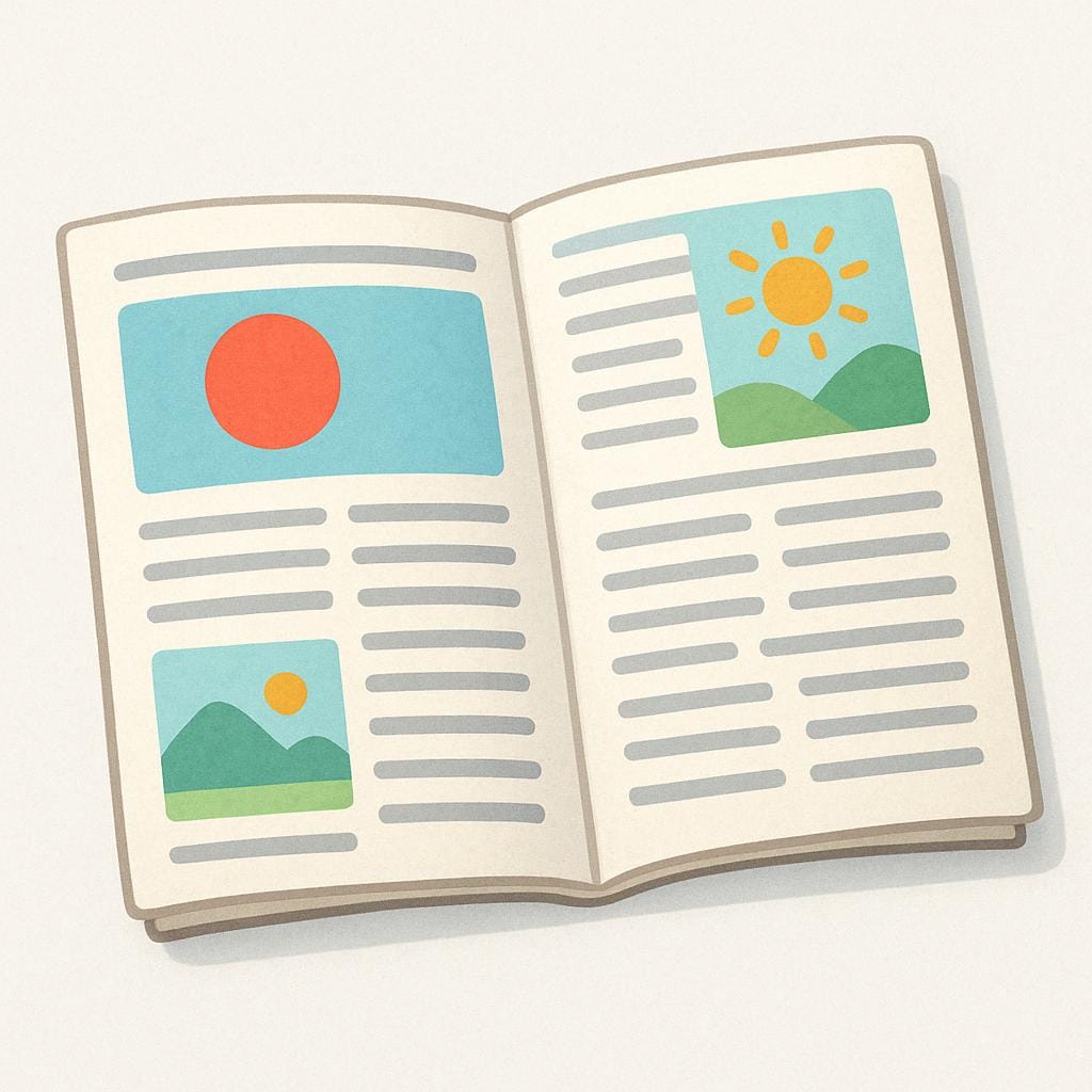 En illustration av en öppen tidningssida som visar kolumner och abstrakta grå linjer som representerar textblock, men inga faktiska bokstäver eller ord.