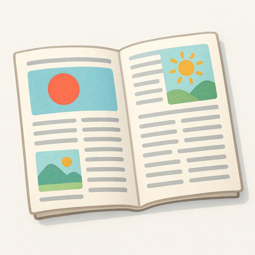 An illustration of an open newspaper page showing columns and abstract grey lines representing blocks of text, but no actual letters or words.