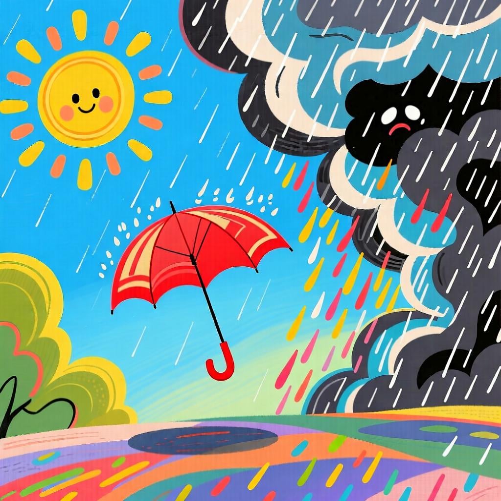An illustration showing a single umbrella hovering between clear sunshine and an impending rain cloud, symbolizing possibility and uncertainty.