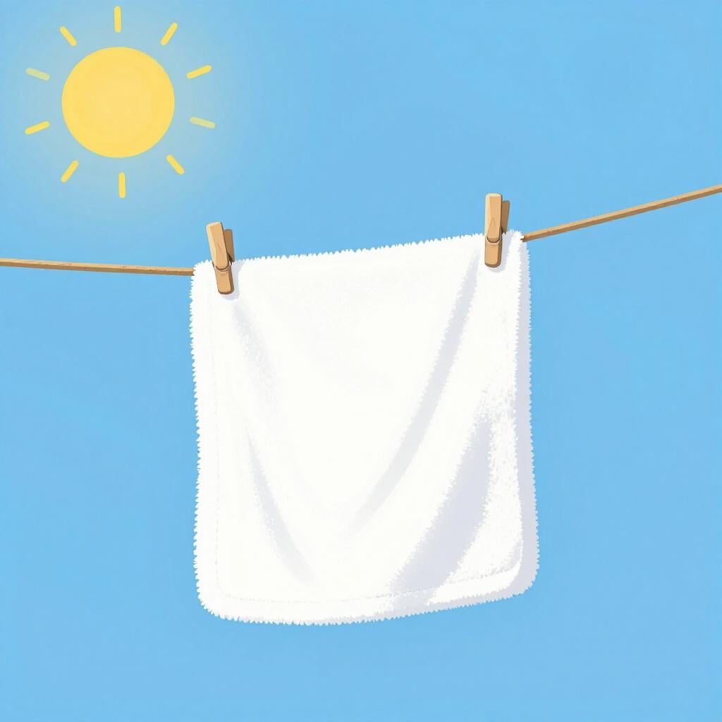 Uma toalha branca e fofa pendurada num varal ao sol, com pequenas gotas de água a cair.