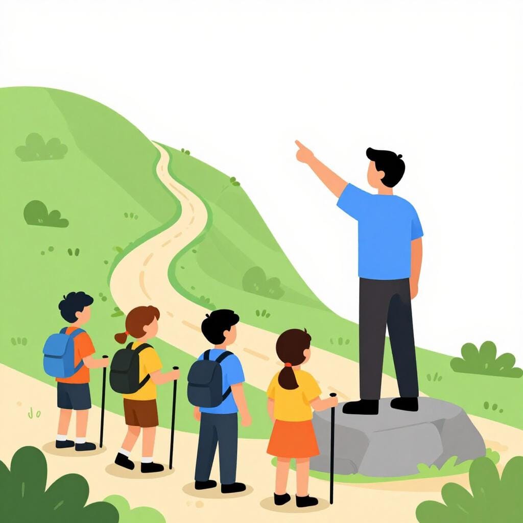 Een leider staat op een rots en wijst de weg voor een groep volgers op een bergpad.