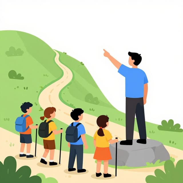 A lead hiker standing on a rock pointing the way for a group of followers on a mountain path.