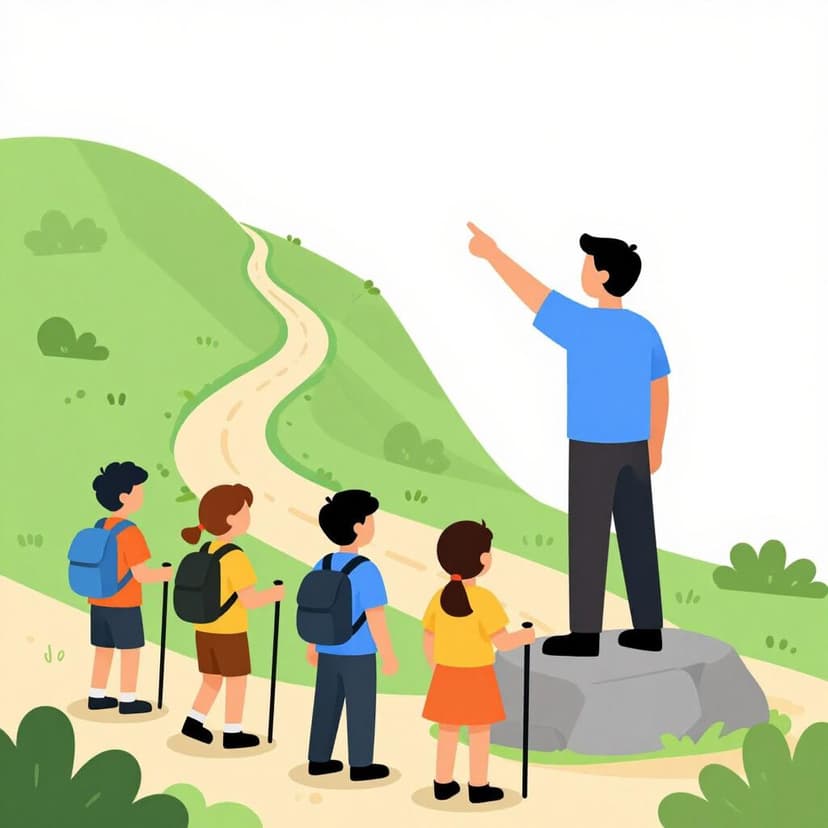 Een leider staat op een rots en wijst de weg voor een groep volgers op een bergpad.