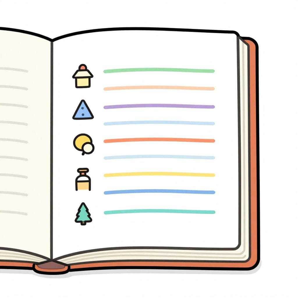 A small stack of books with the top book open to a page showing a neat list of colorful icons next to their descriptions.