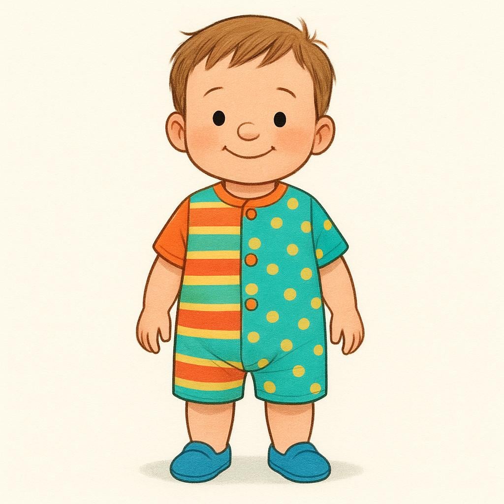 A small toddler standing still and looking very neat in a brightly colored outfit, suggesting they were just dressed by an adult.