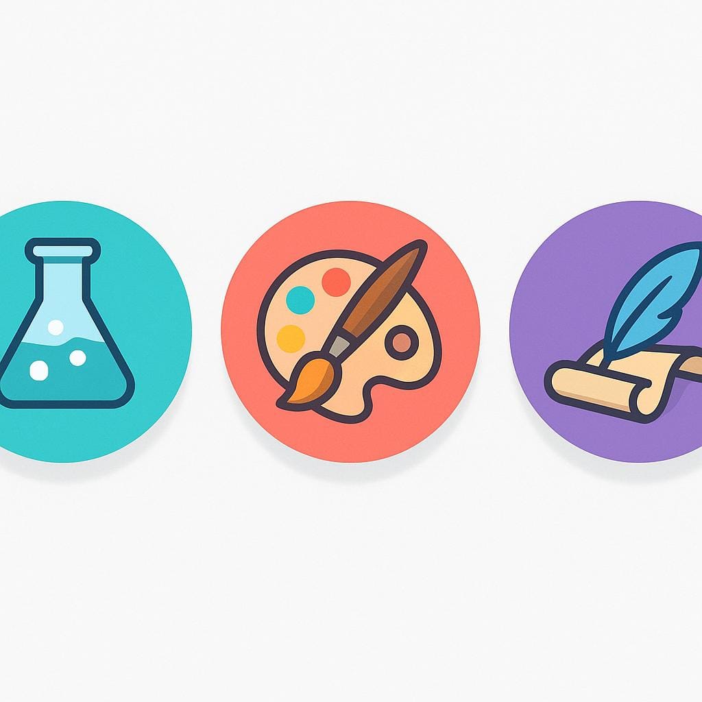 Trois icônes circulaires distinctes et colorées représentant différents sujets ou domaines d'étude. Un cercle contient un symbole scientifique comme un bécher, un autre un pinceau pour l'art, et le troisième une pile de livres pour la littérature.