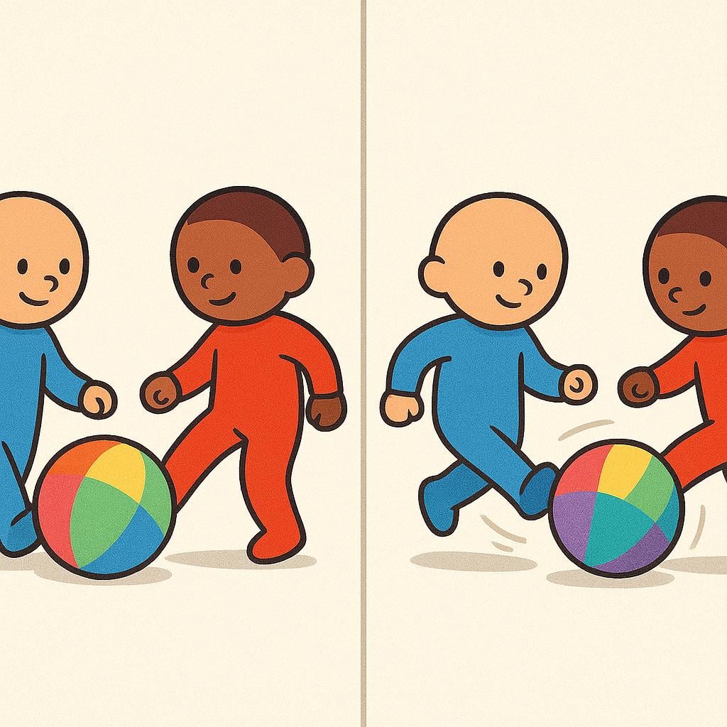Two simple figures kicking a brightly colored ball. The illustration shows the sequence of them kicking the ball, and then immediately kicking it again, emphasizing the repetition of the action.
