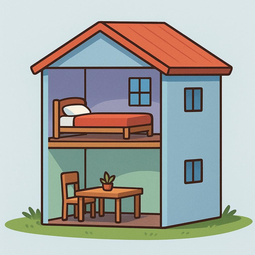 A simplified cross-section view of a building showing two distinct horizontal levels or stories.