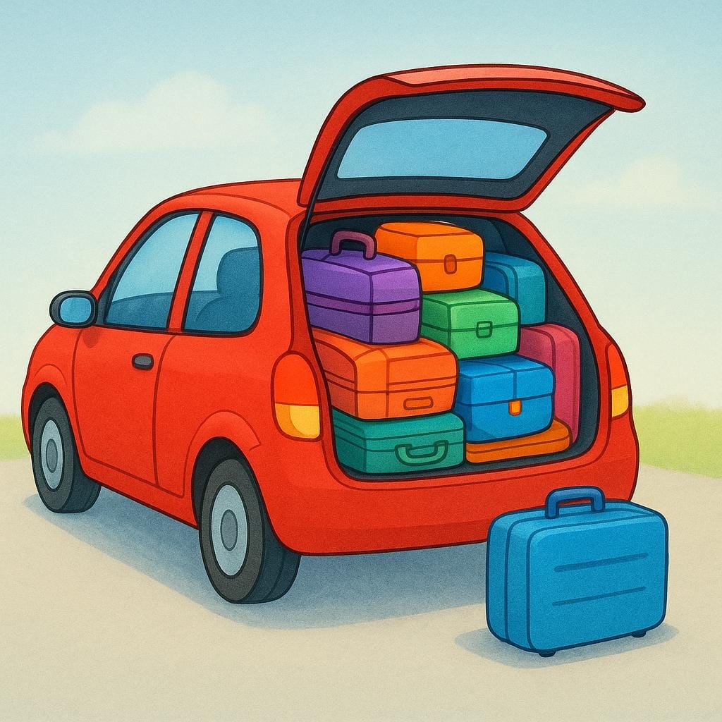 A small car trunk stuffed full of colorful suitcases, with one extra blue suitcase sitting on the ground beside the car, showing there is no room left.