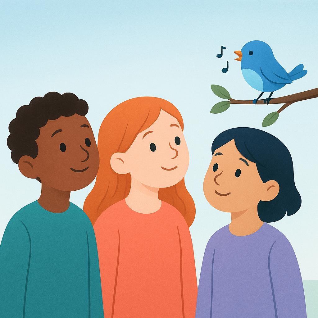 Three stylized figures standing outdoors, all turning their heads and focusing their attention on a small, blue bird perched on a branch above them.