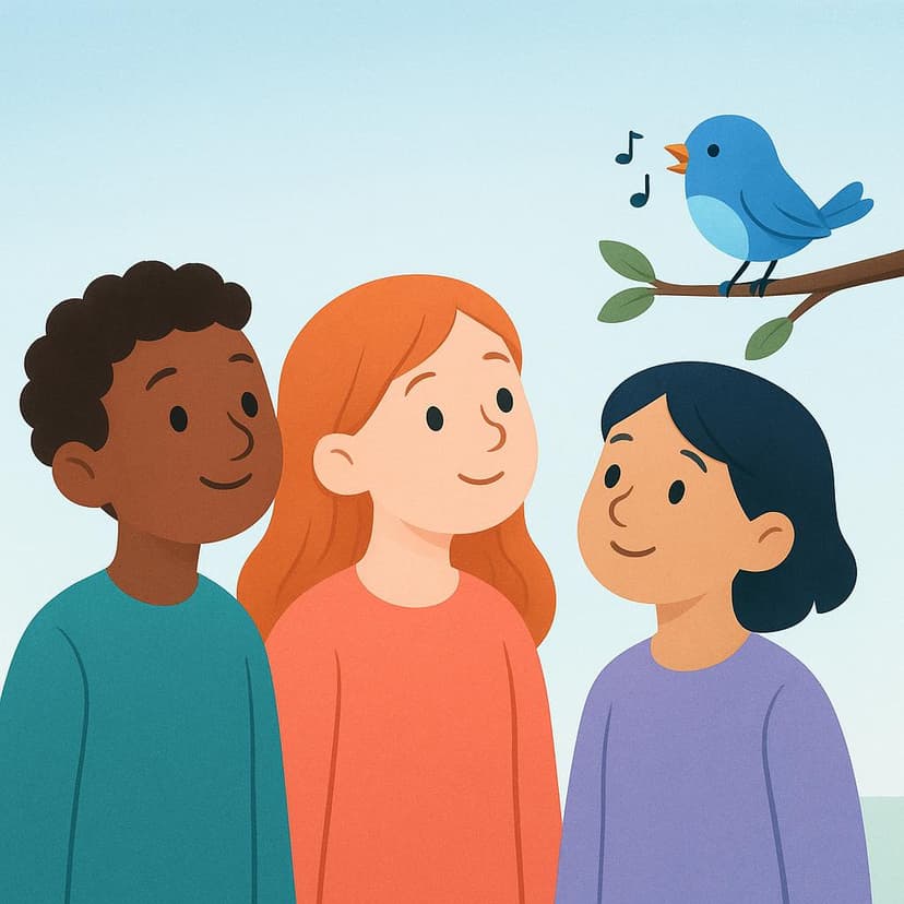 Three stylized figures standing outdoors, all turning their heads and focusing their attention on a small, blue bird perched on a branch above them.