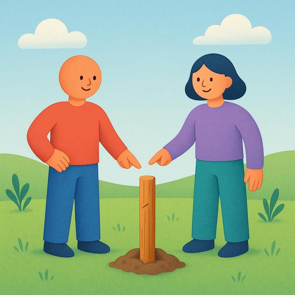 Due figure stilizzate in piedi fianco a fianco, che indicano un palo di legno appena piantato nel terreno, a simboleggiare l'atto di stabilire un confine o una condizione.