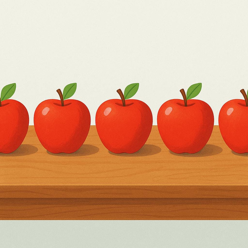 A row of five identical, perfectly shaped red apples sitting neatly on a wooden table, symbolizing uniformity and the expected.