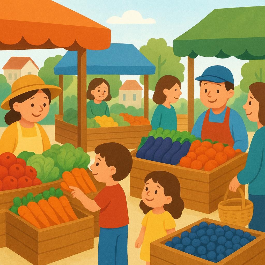 A high quality storybook illustration of a bustling outdoor market. Colorful stalls are stacked high with fresh fruits and vegetables, and a vendor stands ready to sell their goods.