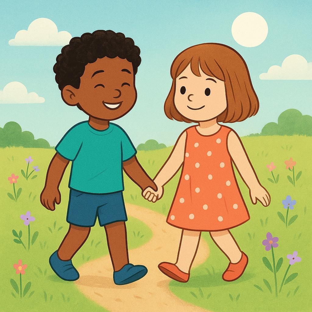 Two children holding hands and smiling while walking in a sunny field, representing friendship.