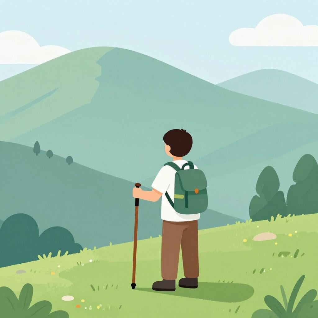 A person with a backpack and a walking stick standing on a grassy hill looking at mountains.