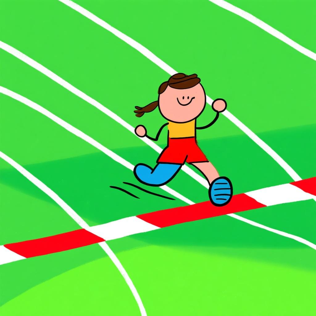 A cartoon runner breaking a starting line tape at the beginning of a race track, symbolizing the start of an event.