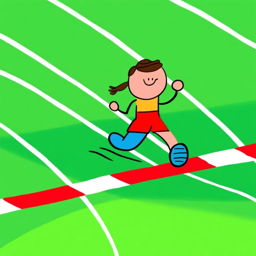 A cartoon runner breaking a starting line tape at the beginning of a race track, symbolizing the start of an event.