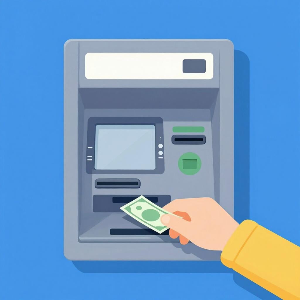 A sleek, modern kiosk machine built into a wall with a slot for a plastic card and a slot where paper bills are coming out.