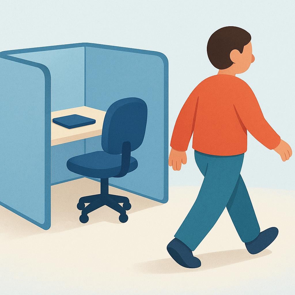 An illustration showing a simplified figure of a worker stepping away from a small, stylized cubicle, turning their back on the empty chair and desk, indicating they resign.