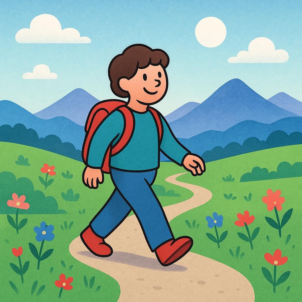 A joyful hiker with a small backpack walks along a winding dirt path towards colorful, distant mountains under a bright blue sky.