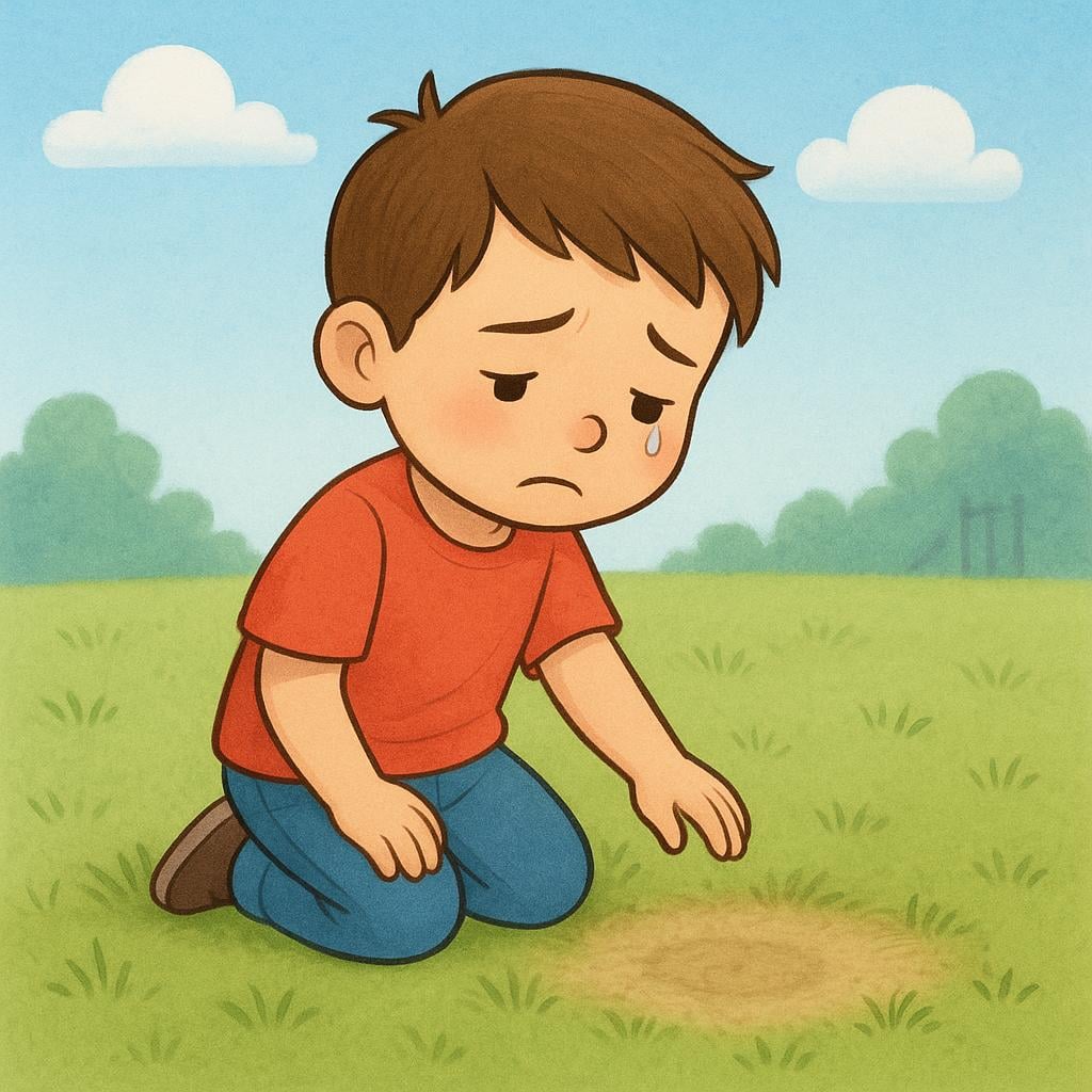 A child looking sad while searching for a lost toy on the ground.