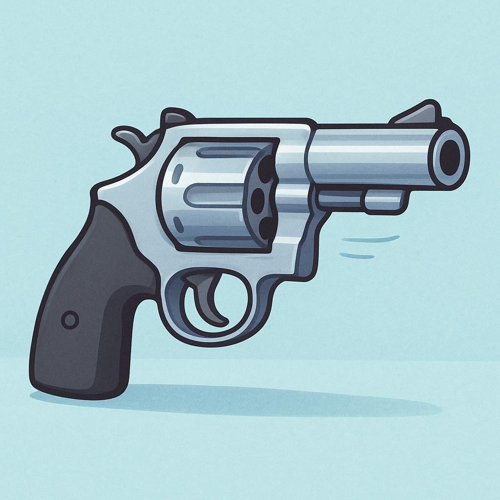 A close-up illustration of a classic six-shooter revolver firearm with a silver barrel and black grip, resting on a flat surface.