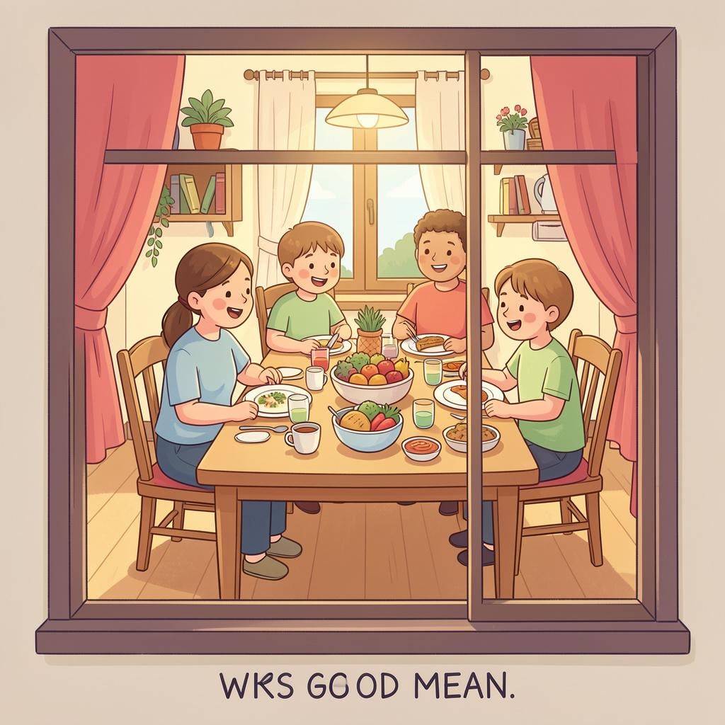 A person looking through a window with a warm smile, watching a family enjoying a large feast together.