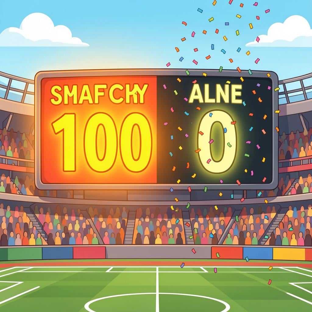 A scoreboard showing a very lopsided score with one side completely empty and the other side full of colorful victory confetti.