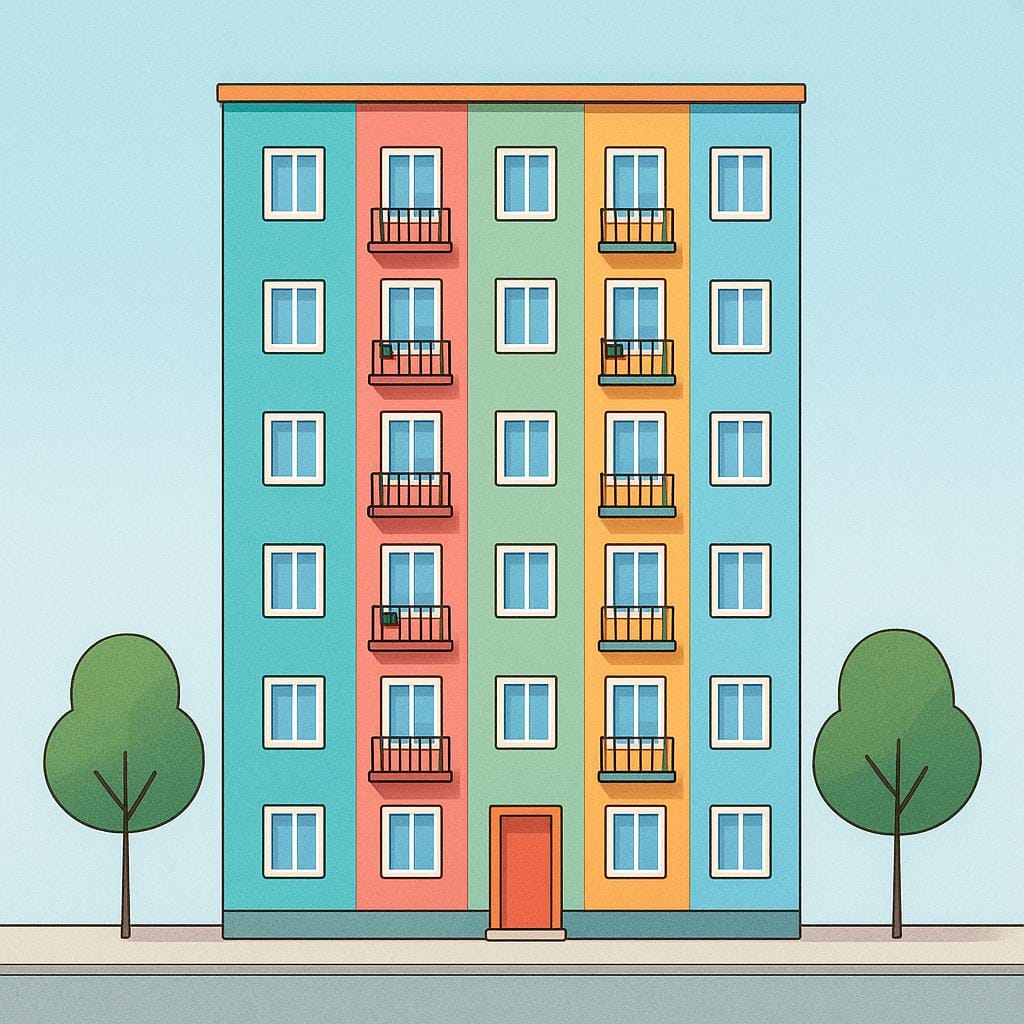 A colorful, multi-story building facade showing many identical windows and small balconies, representing individual apartments or flats.