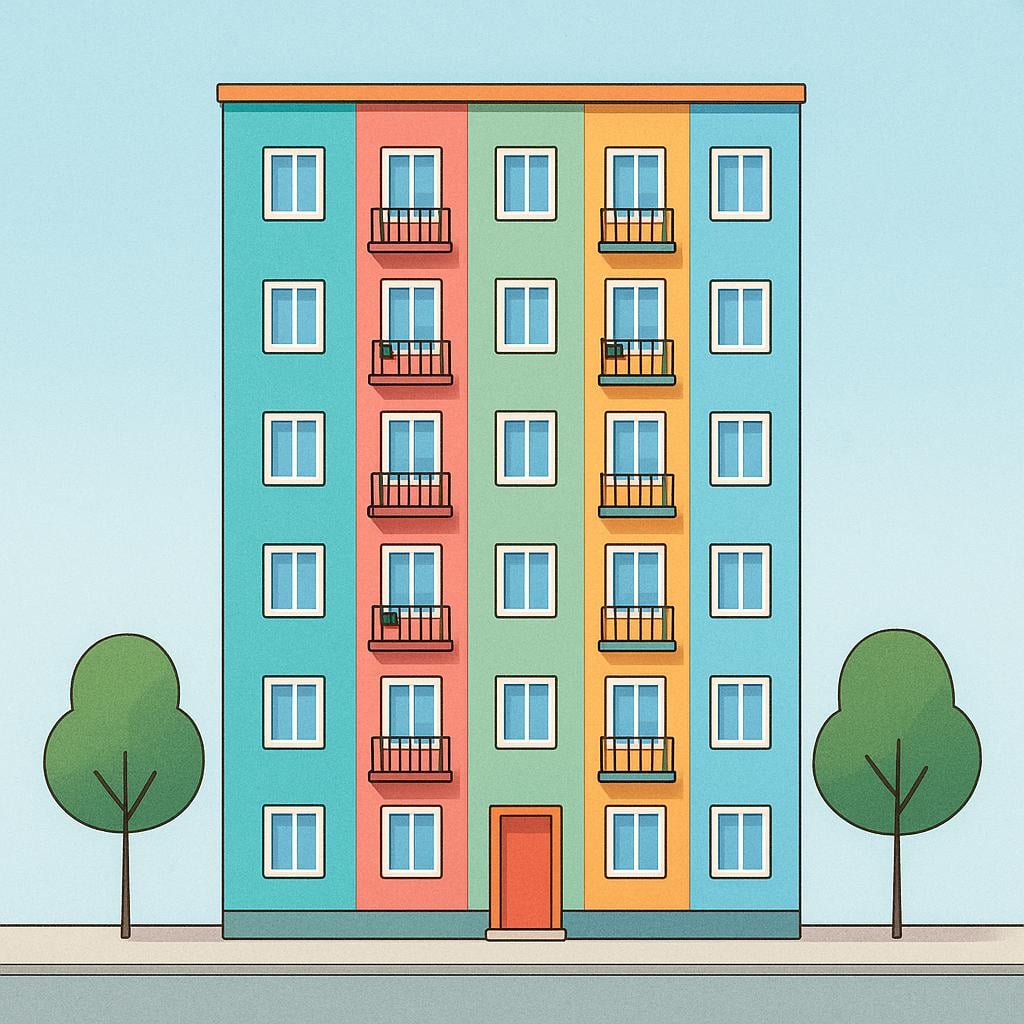 A colorful, multi-story building facade showing many identical windows and small balconies, representing individual apartments or flats.