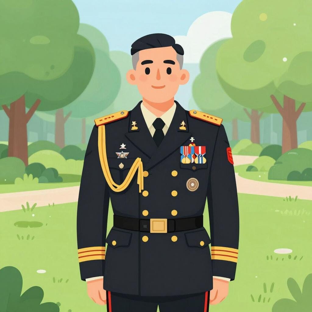 Een gepensioneerde soldaat in een formeel ceremonieel uniform die trots in een park staat.