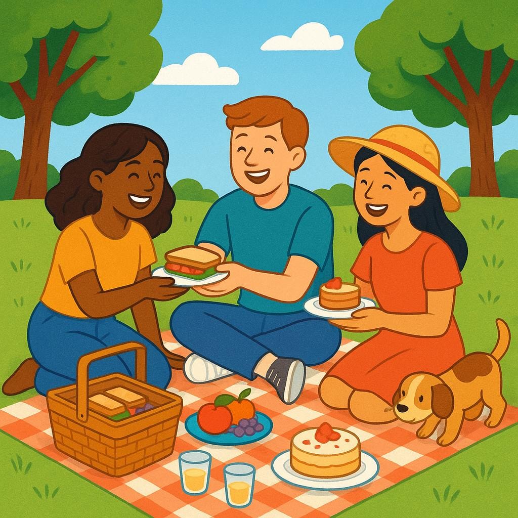 A colorful storybook illustration showing three friends sitting together on a bright blanket in a sunny park, laughing and enjoying a picnic lunch.