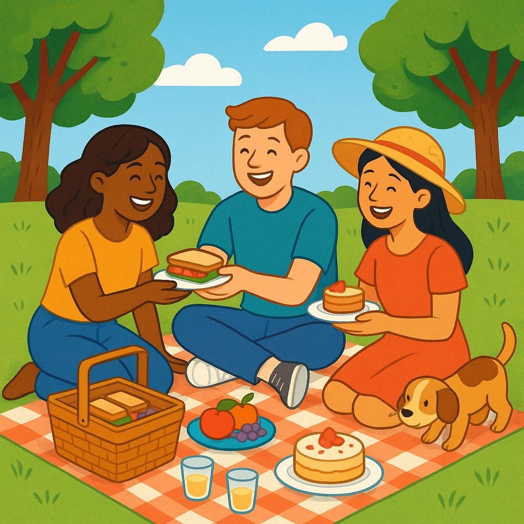 A colorful storybook illustration showing three friends sitting together on a bright blanket in a sunny park, laughing and enjoying a picnic lunch.