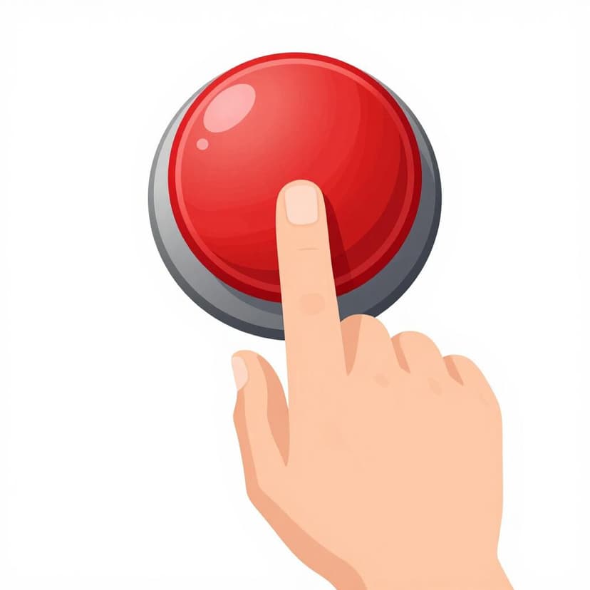 A close-up of a human finger pressing down on a single, large, round red button.