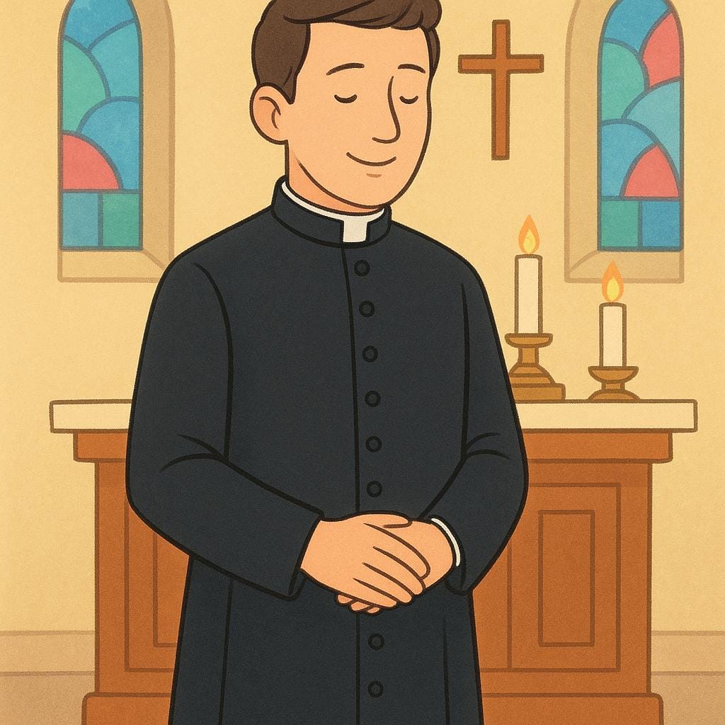 A Catholic priest in a black cassock and white collar standing solemnly near an altar inside a church.