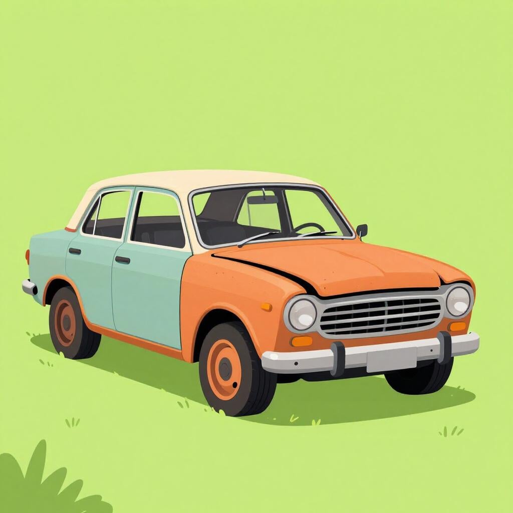 An old, rusty car with a flat tire and smoke coming from the engine.