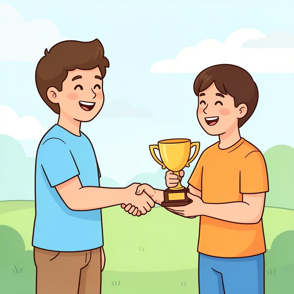 A person smiling and shaking hands with a friend who is holding a gold trophy.