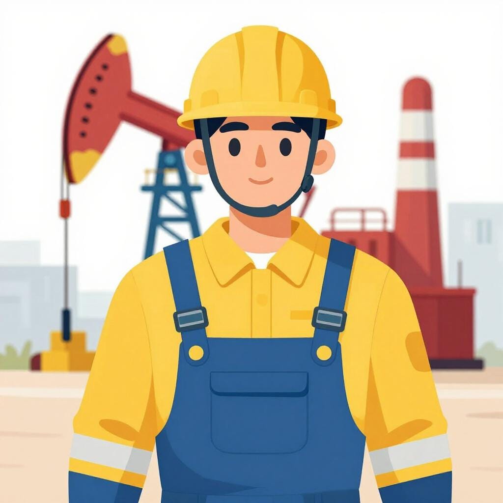 A person wearing a yellow hard hat and blue coveralls standing in front of a simple oil derrick.