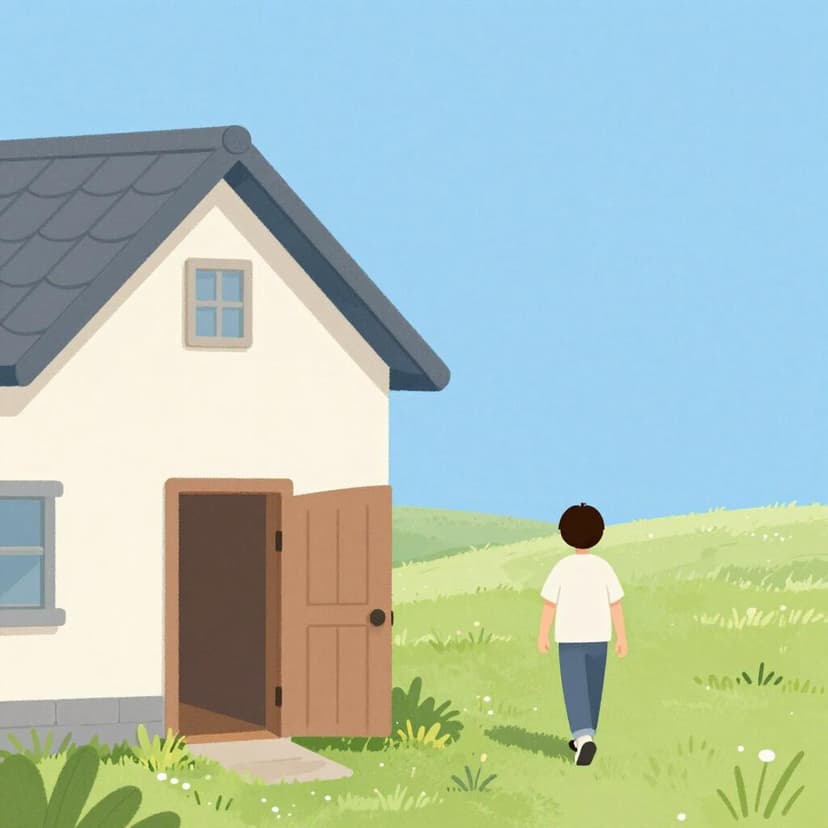 Una persona che si allontana da un piccolo cottage verso un orizzonte lontano, lasciando la porta aperta.