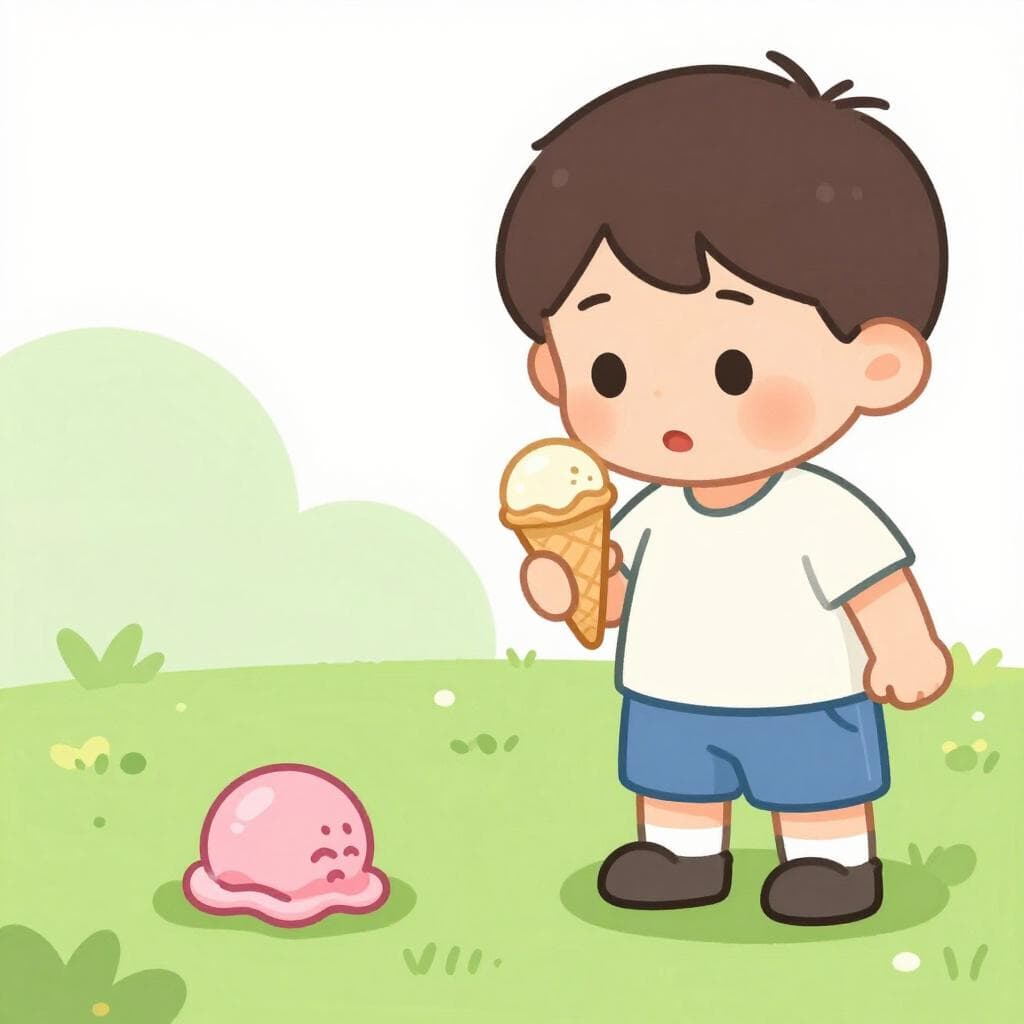 Ein Kind lässt versehentlich eine Eiskugel auf den Rasen fallen und sieht überrascht aus.