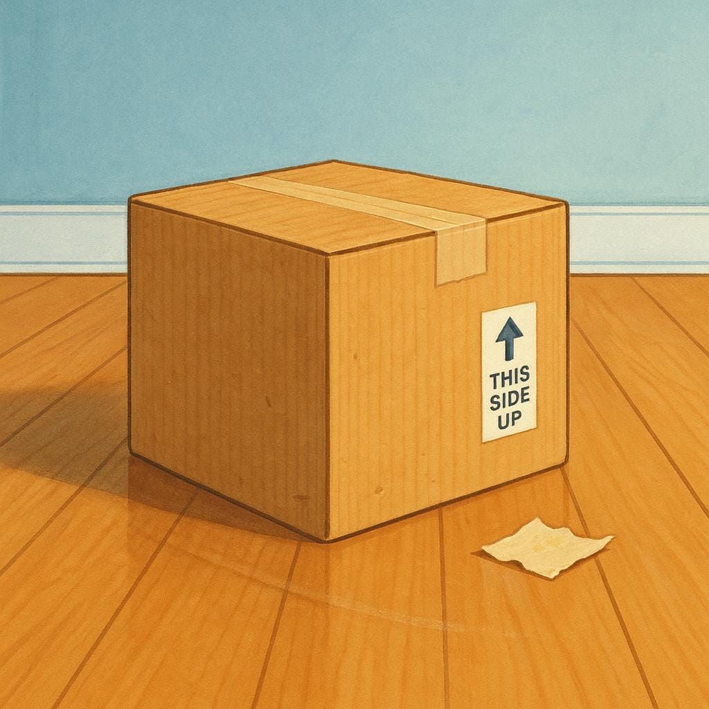 A large, simple brown box resting on a new, unfamiliar floor next to a partially opened door, suggesting it has just been moved into a new location.