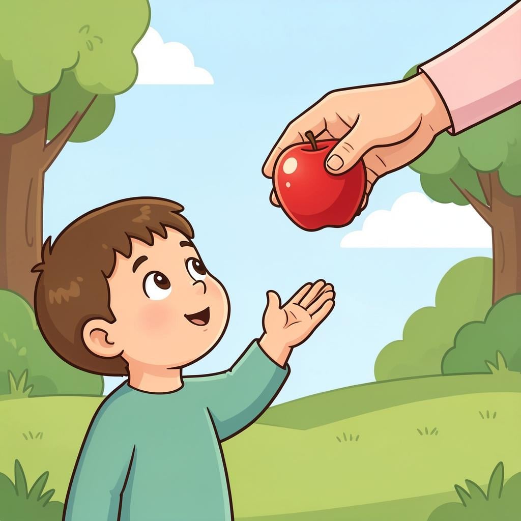 A child reaching out their hand toward a parent who is holding a bright red apple.